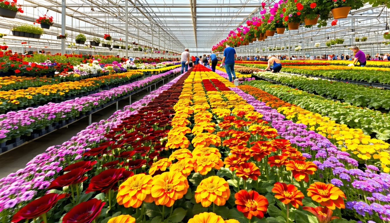 The image depicts a vibrant Dutch floriculture greenhouse filled with an array of colorful flowers in full bloom Sunlight filters through the glass panels above casting a warm glow on the lush greenery below Rows of meticulously organized flower beds-1